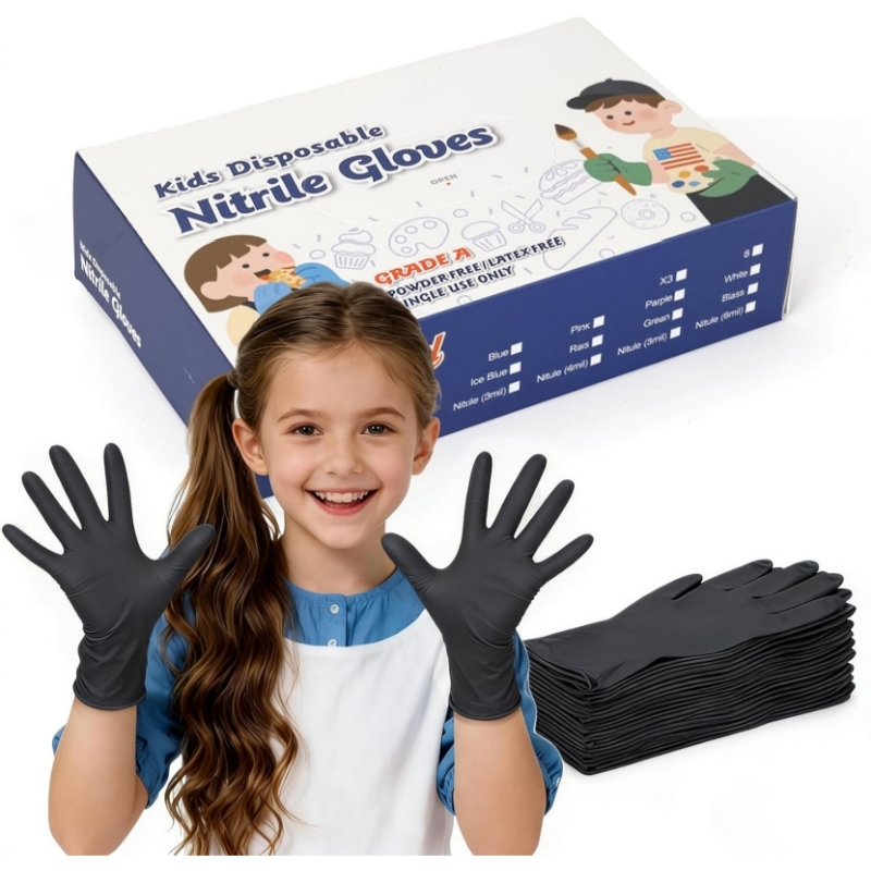 Latex Disposable Glove - 子供用黒ニトリル使い捨て手袋 4-12 歳用 3.5mil ラテックスフリー子供用安全作業手袋 ガーデニング、塗装、DIY用