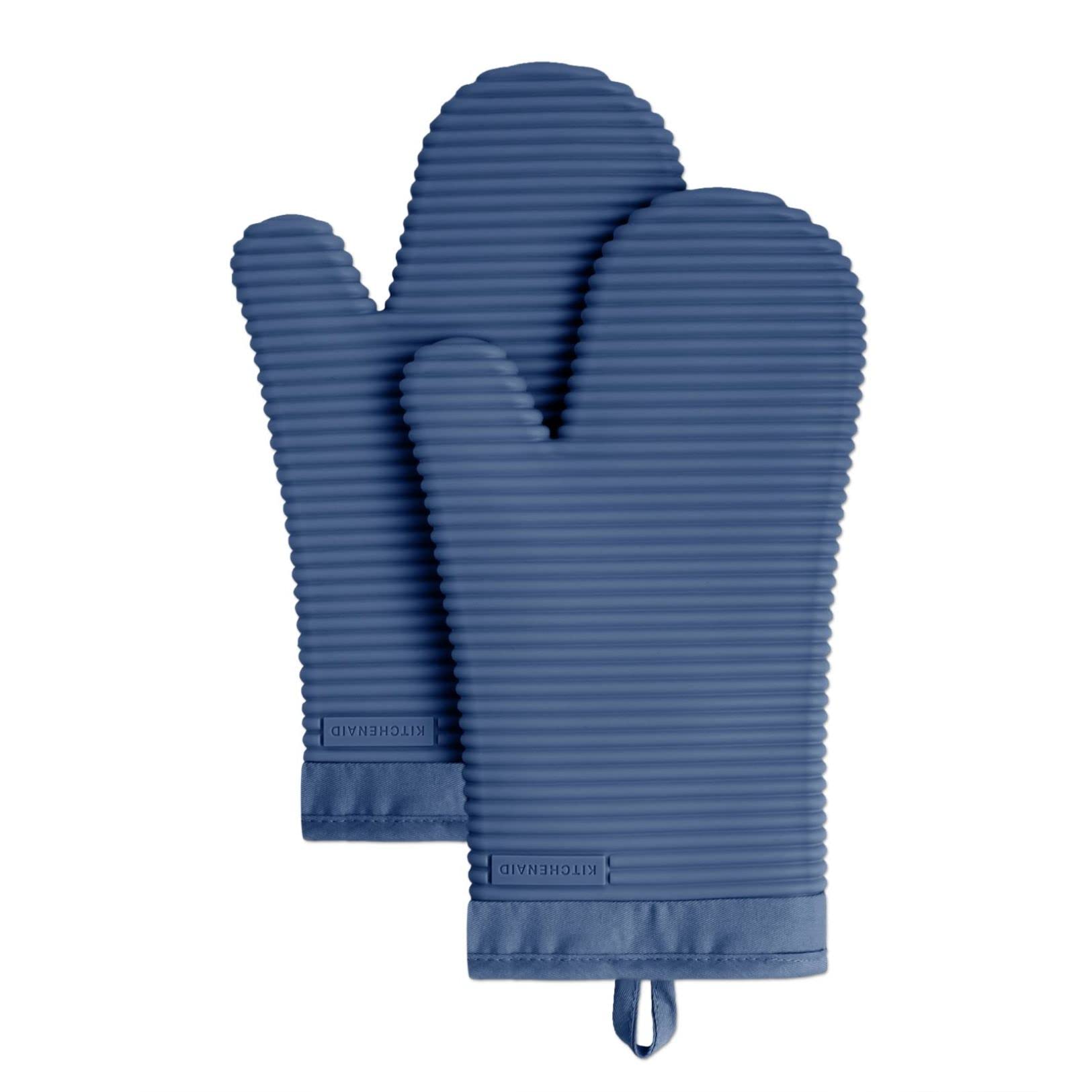 Oven Mitt Silicone - リブ付きソフトシリコンオーブンミットセット、ブルーヤナギ、2カウント、7.5 