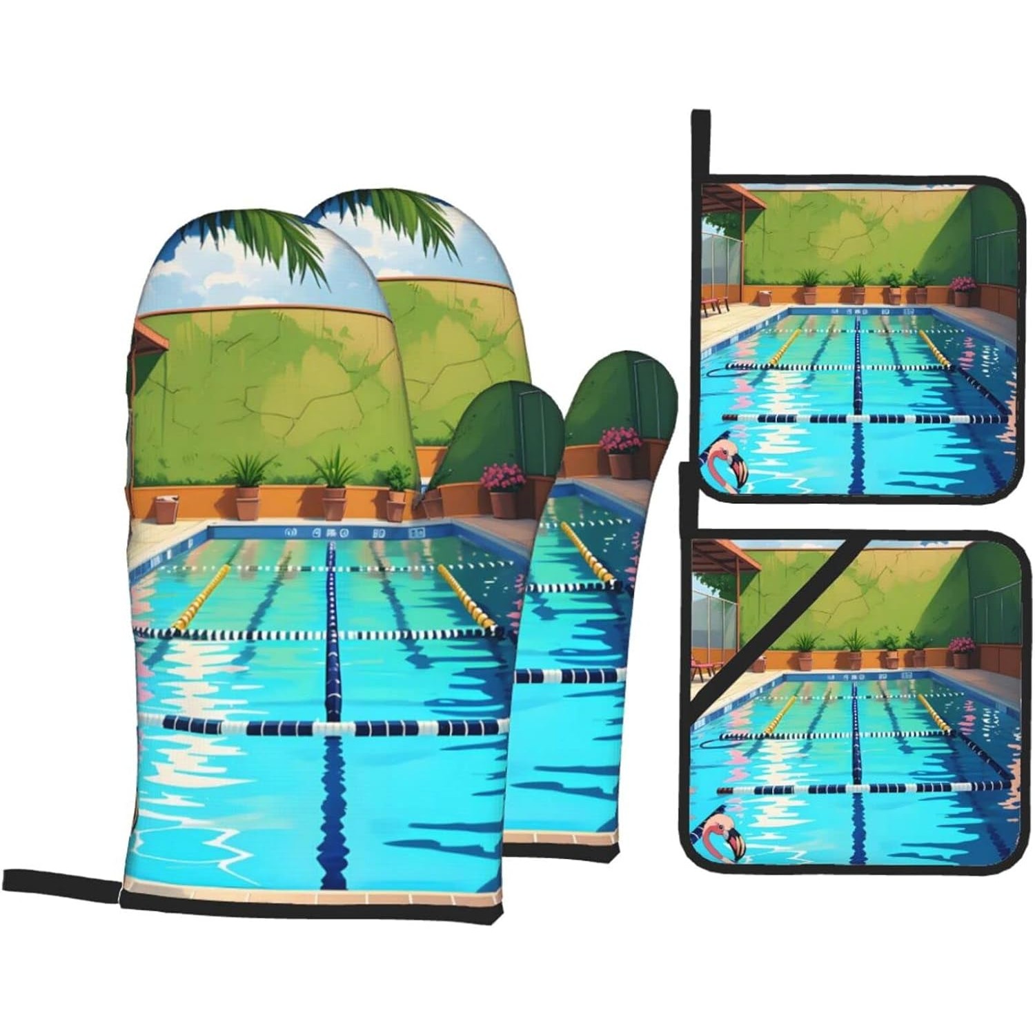 Oven Mitt Silicone - フラミンゴとスイミングプール柄のシリコン製オーブンミットと鍋つかみ、4個セット、丈夫な調理用手袋、カウンタートップにも安全なトライベット